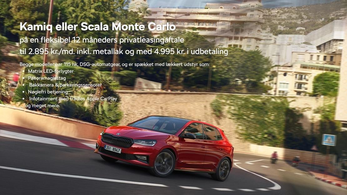 Škoda Scala Monte Carlo 2025 i rød metallak. Sportslig hatchback med panoramaglastag, sorte detaljer og 17-tommer alufælge. Tilgængelig med 12 måneders privatleasing hos Auto Group Nordves